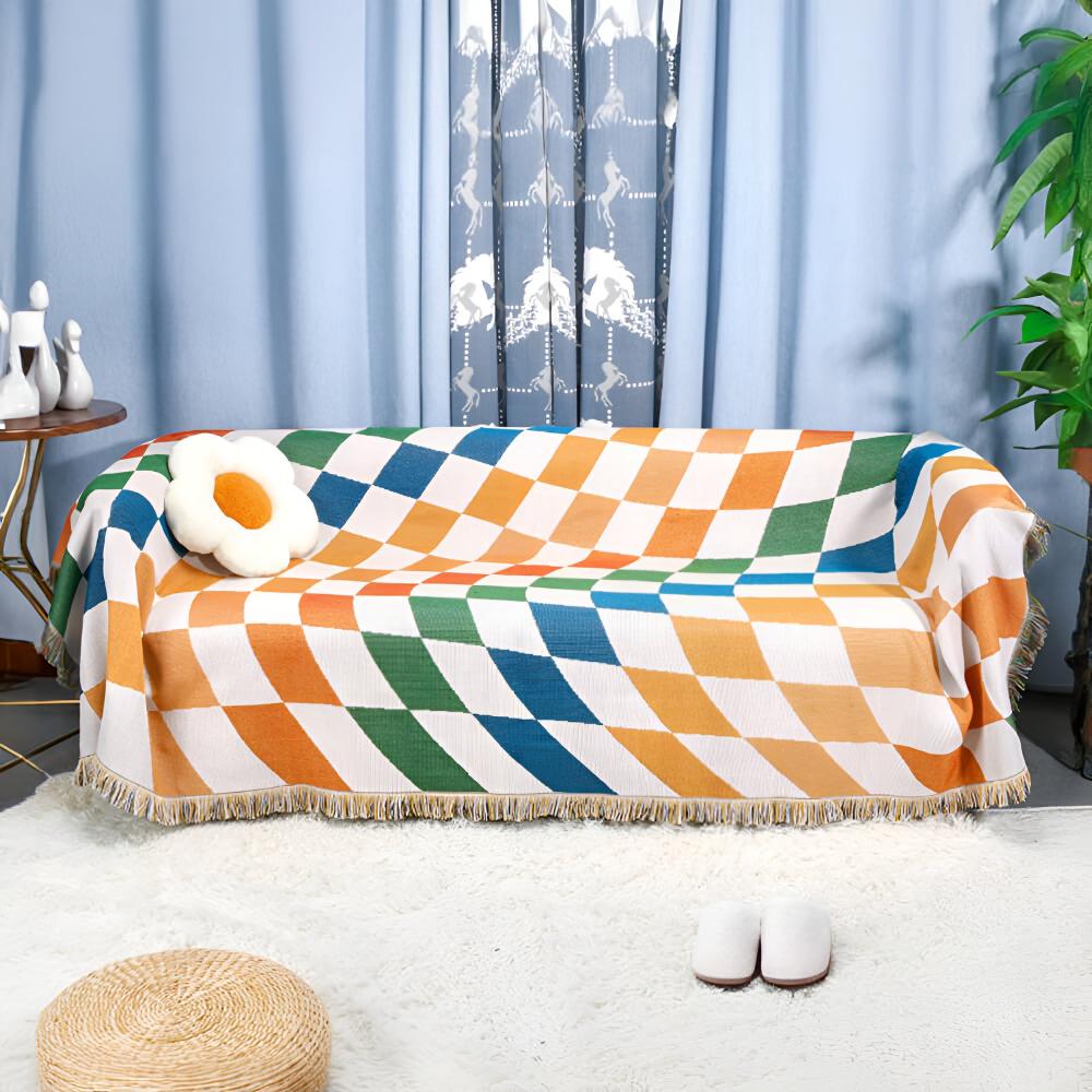 Checkerboard Polycotton Blanket with Tassels